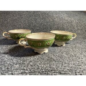 Mitterteich Bavaria Green Gold Filigree Tea Cups Set 3 US Zone Germany Vintage